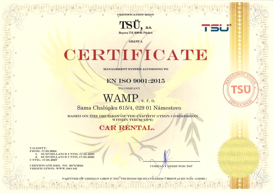 Certifikát ISO 9001:2015 vydaný spoločnosti WAMP, s. r. o. pre prenájom vozidiel.