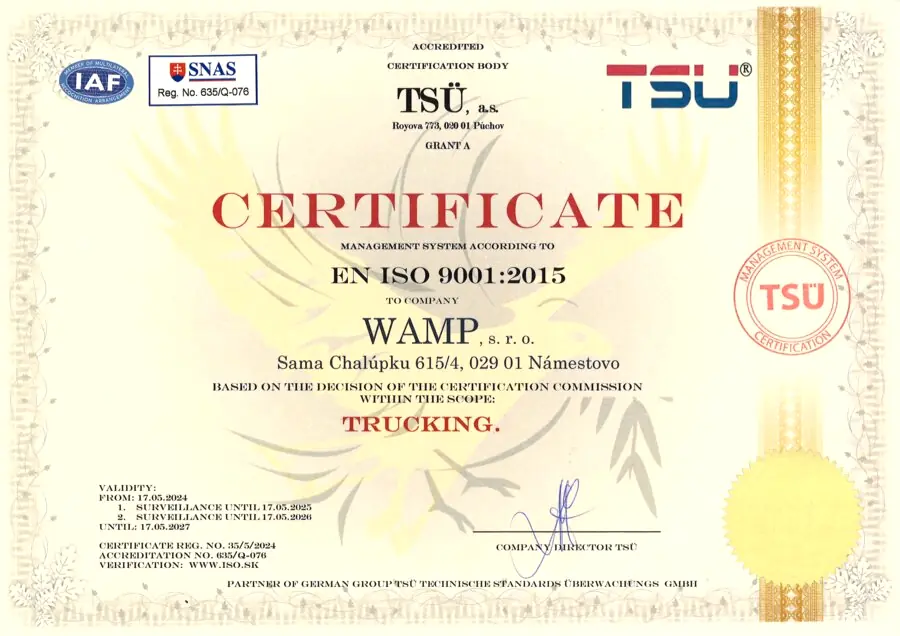 Certifikát ISO 9001:2015 vydaný spoločnosti WAMP, s. r. o. pre nákladnú dopravu.